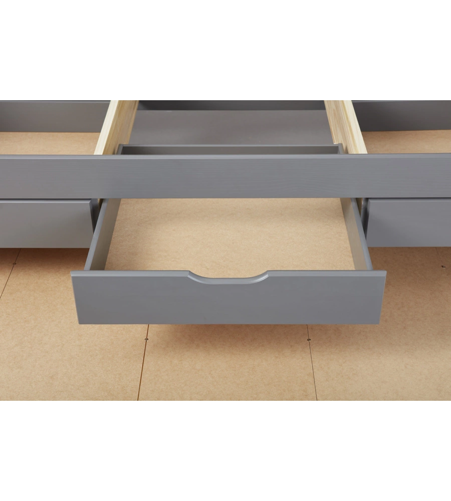LETTO SINGOLO CON 3 CASSETTI E LETTO ESTRAIBILE IN PINO GRIGIO 90X200 CM